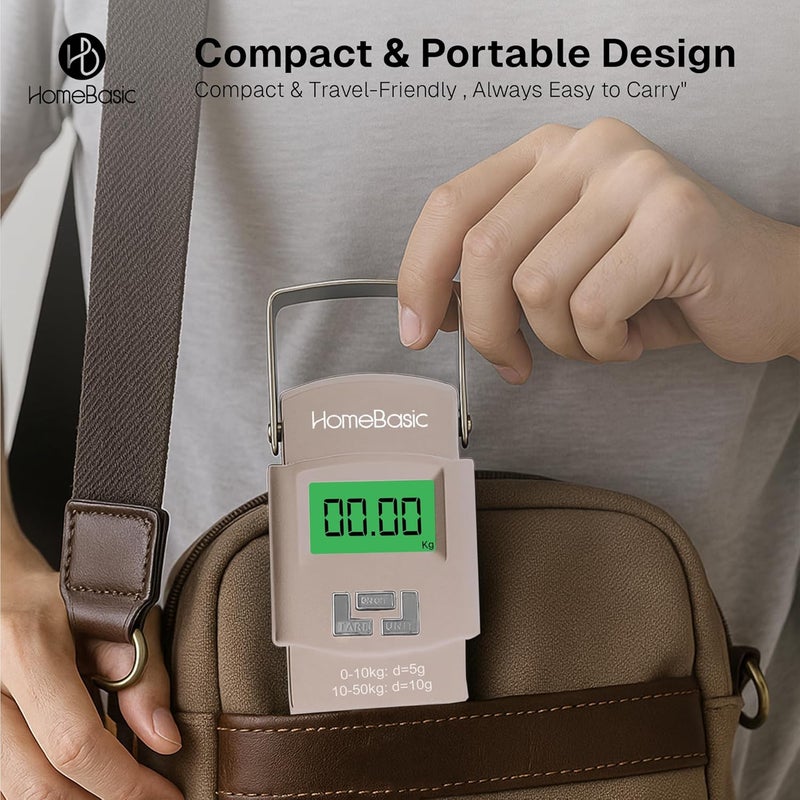 Home Basic ميزان أمتعة رقمي 50 كجم (4 أوضاع وحدة) دقة عالية آلة وزن سفر محمولة، شاشة LCD، وظيفة الوزن الصافي، تنبيه الوزن الزائد، حزام خطاف، للسفر المنزل المطبخ المتجر (بيج) - Image 4