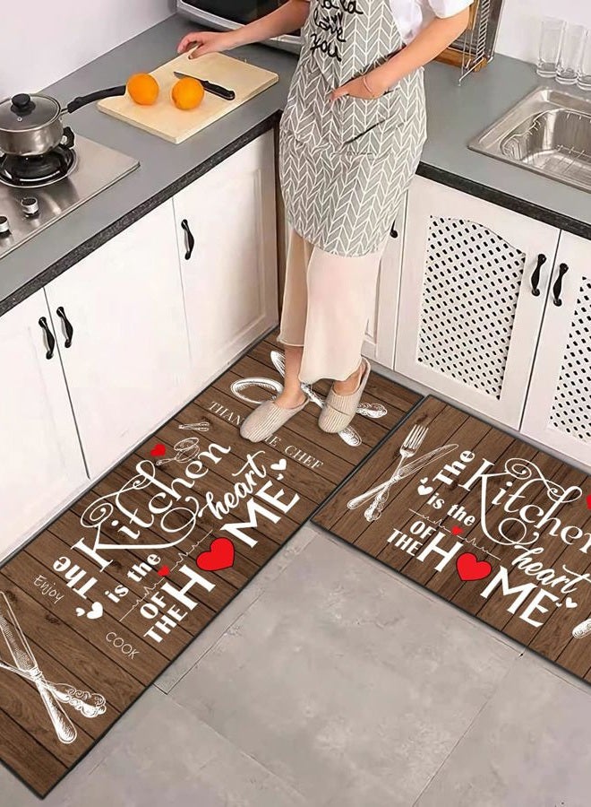 JWXCBIM 2 Piece Farmhouse Kitchen Rug Set, Brown and White Rustic Vintage Style Theme Decor Kitchen Rugs, Absorbent Washable Floor Mats, Home Indoor Runner Carpet 17x30+17x47 Inches - Image 2