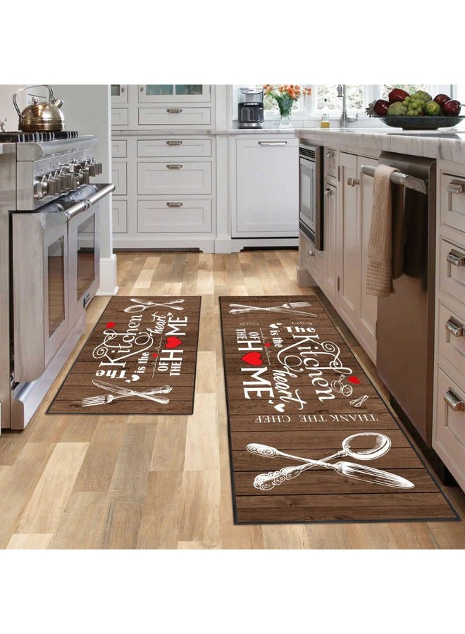 JWXCBIM 2 Piece Farmhouse Kitchen Rug Set, Brown and White Rustic Vintage Style Theme Decor Kitchen Rugs, Absorbent Washable Floor Mats, Home Indoor Runner Carpet 17x30+17x47 Inches - Image 1
