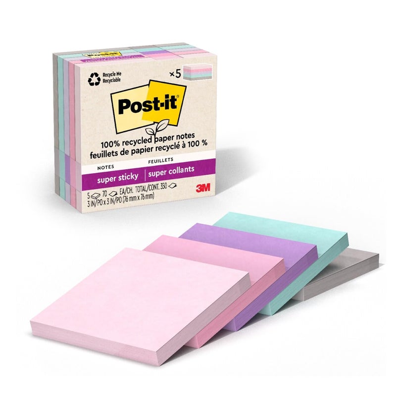 Post It Post-it 100% Recycled Paper Super Sticky Notes, 2X The Sticking Power, 3x3 in, 5 Pads, 70 Sheets/Pad, Wanderlust Pastels Collection (654R-5SSNRP) - Image 1
