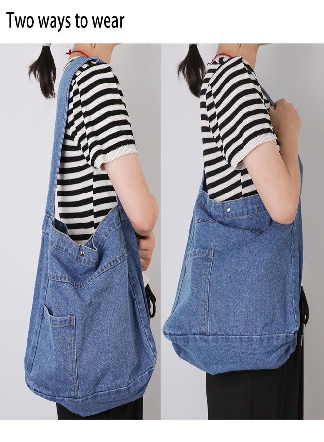 Fumwase Denim Shoulder Bag for Women Men Tote Bag Casual Retro Aesthetic Crossbody Bag Large Canvas Shoulder Bag Lightweight Bag (Blue) - Image 5