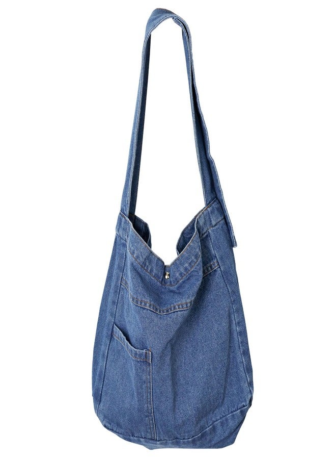 Fumwase Denim Shoulder Bag for Women Men Tote Bag Casual Retro Aesthetic Crossbody Bag Large Canvas Shoulder Bag Lightweight Bag (Blue) - Image 1
