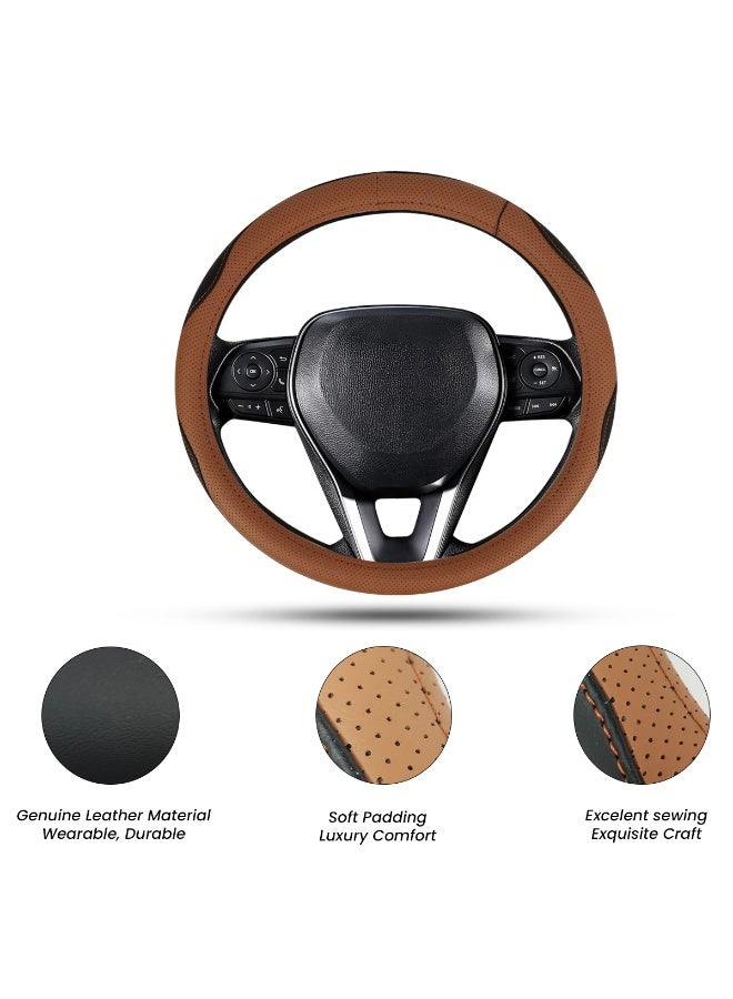 MOB Universal Car Brown & Black Steering Wheel Cover Medium Size 37–38cm – Genuine Leather, Anti-Slip Grip, Breathable, Soft Padding, Wear-Resistant, Easy to Install, Fits Round Steering Wheels SW322 - Image 2
