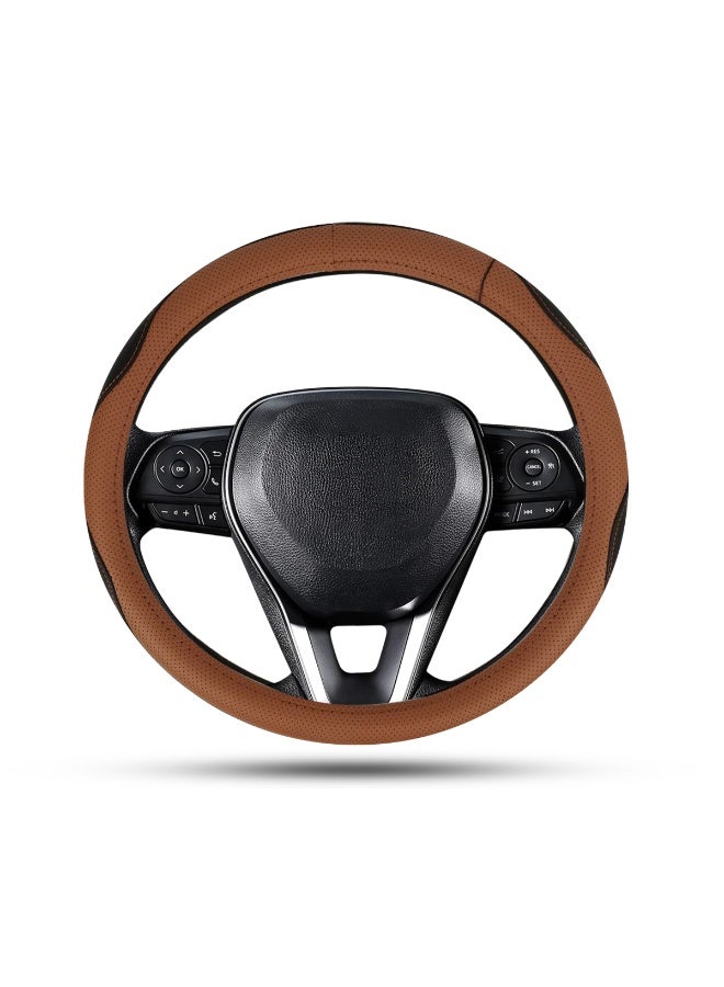 MOB Universal Car Brown & Black Steering Wheel Cover Medium Size 37–38cm – Genuine Leather, Anti-Slip Grip, Breathable, Soft Padding, Wear-Resistant, Easy to Install, Fits Round Steering Wheels SW322 - Image 1
