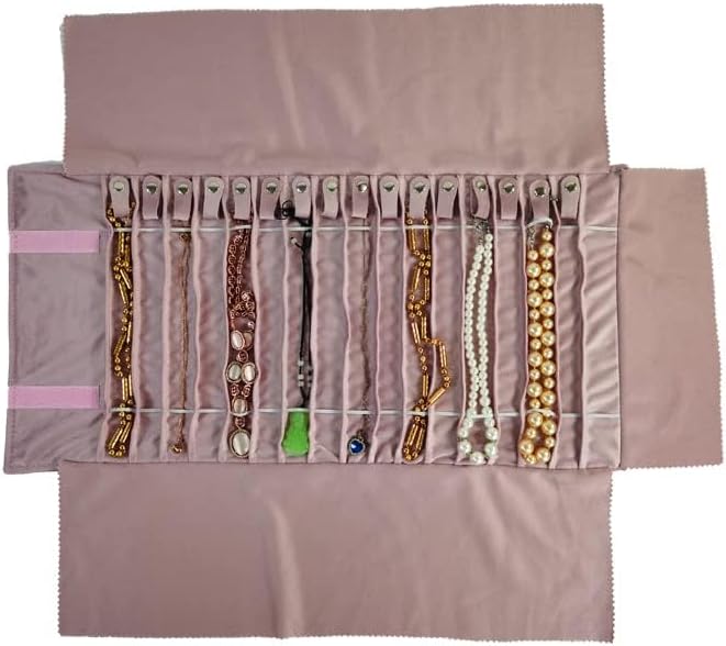 SCIKHEFT Portable Jewelry Roll Untangled Secure Necklace Travel Storage Bag Displays Holder 16 Chain (Embroidery Pink Velvet) - Image 4