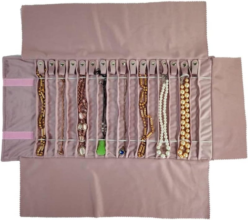 SCIKHEFT Portable Jewelry Roll Untangled Secure Necklace Travel Storage Bag Displays Holder 16 Chain (Embroidery Pink Velvet) - Image 1