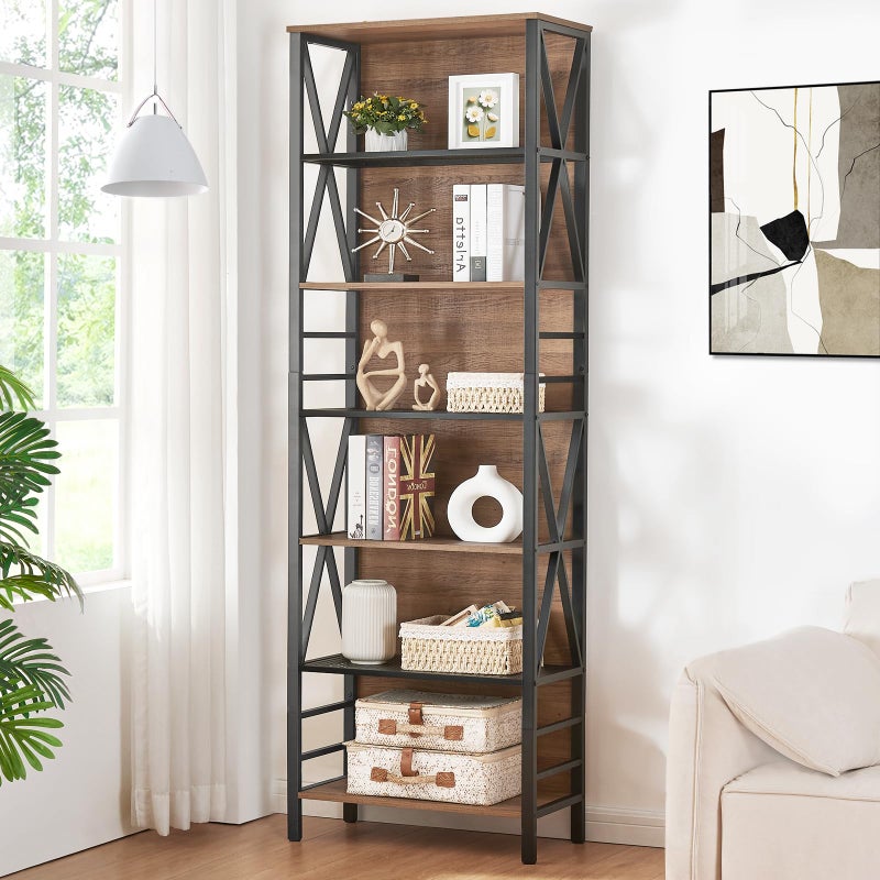 HOMISSUE Tall Bookshelf 7Tier Book Shelf Rustic Wood Metal Bookshelves and Bookcases Freestanding and Industrial Open Bookcase for Home Office Living Room and Bedroom Vintage Brown