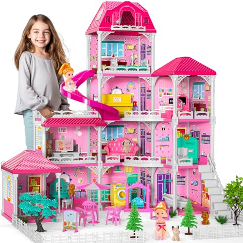 Doloowee Dolls House for Girls Toys 4 Stories 10 Rooms Dollshouse with 2 Princesses Slide Accessories Playset for Toddler Playhouse Gift for for 3 4 5 6 7 8 Year Old Girls Toys - Image 1