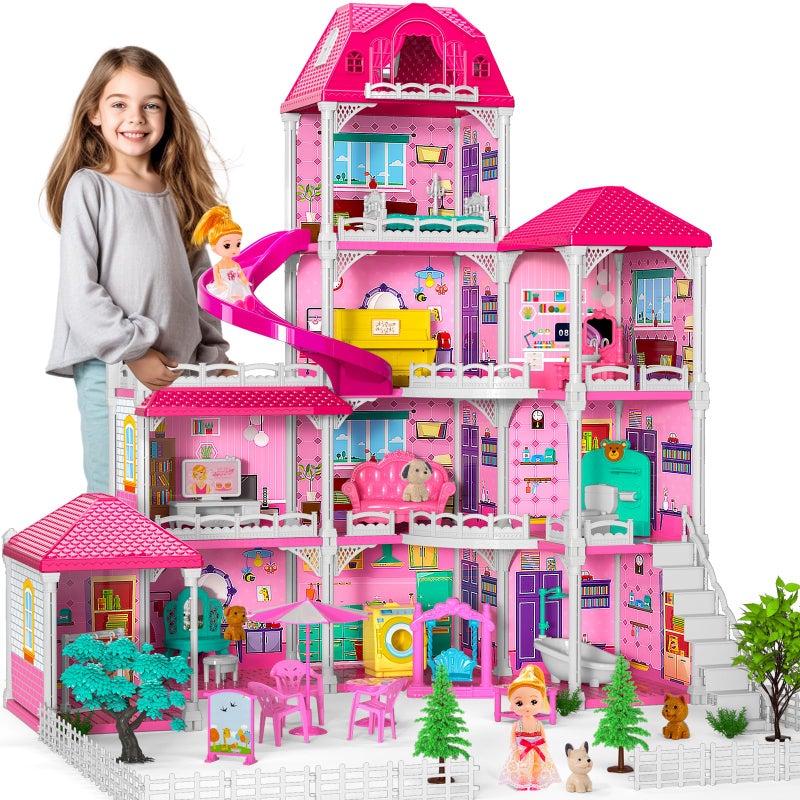 Doloowee Dolls House for Girls Toys 4 Stories 10 Rooms Dollshouse with 2 Princesses Slide Accessories Playset for Toddler Playhouse Gift for for 3 4 5 6 7 8 Year Old Girls Toys - Image 4
