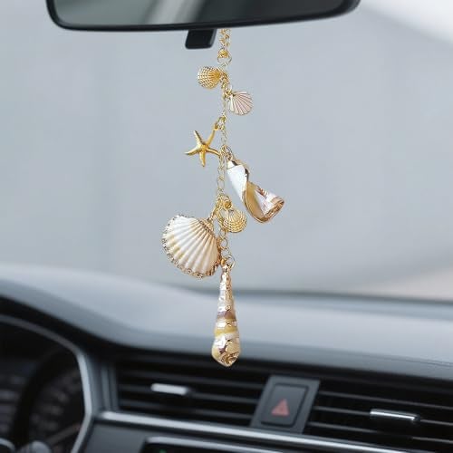 STHIRA® Car Charm Hanging Car Pendant Charm for Rear Mirror, 8 inch Stylish Seashell Conch Charm Ornament with Metal Clasp, Versatile Stylish Golden Boho Seashell Ornament for Bag, Backpack - Image 1