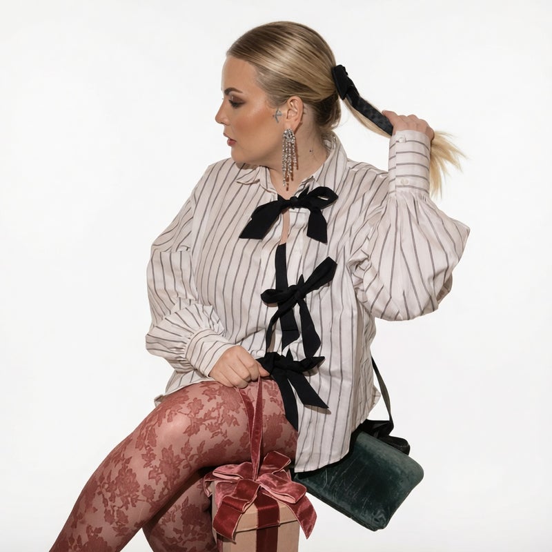 Striped Print Long Sleeve Shirt with Tie Front, Casual Open Front Blouse - Image 2