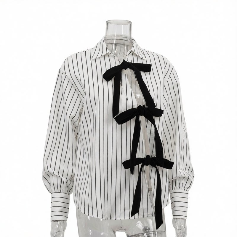 Striped Print Long Sleeve Shirt with Tie Front, Casual Open Front Blouse - Image 4