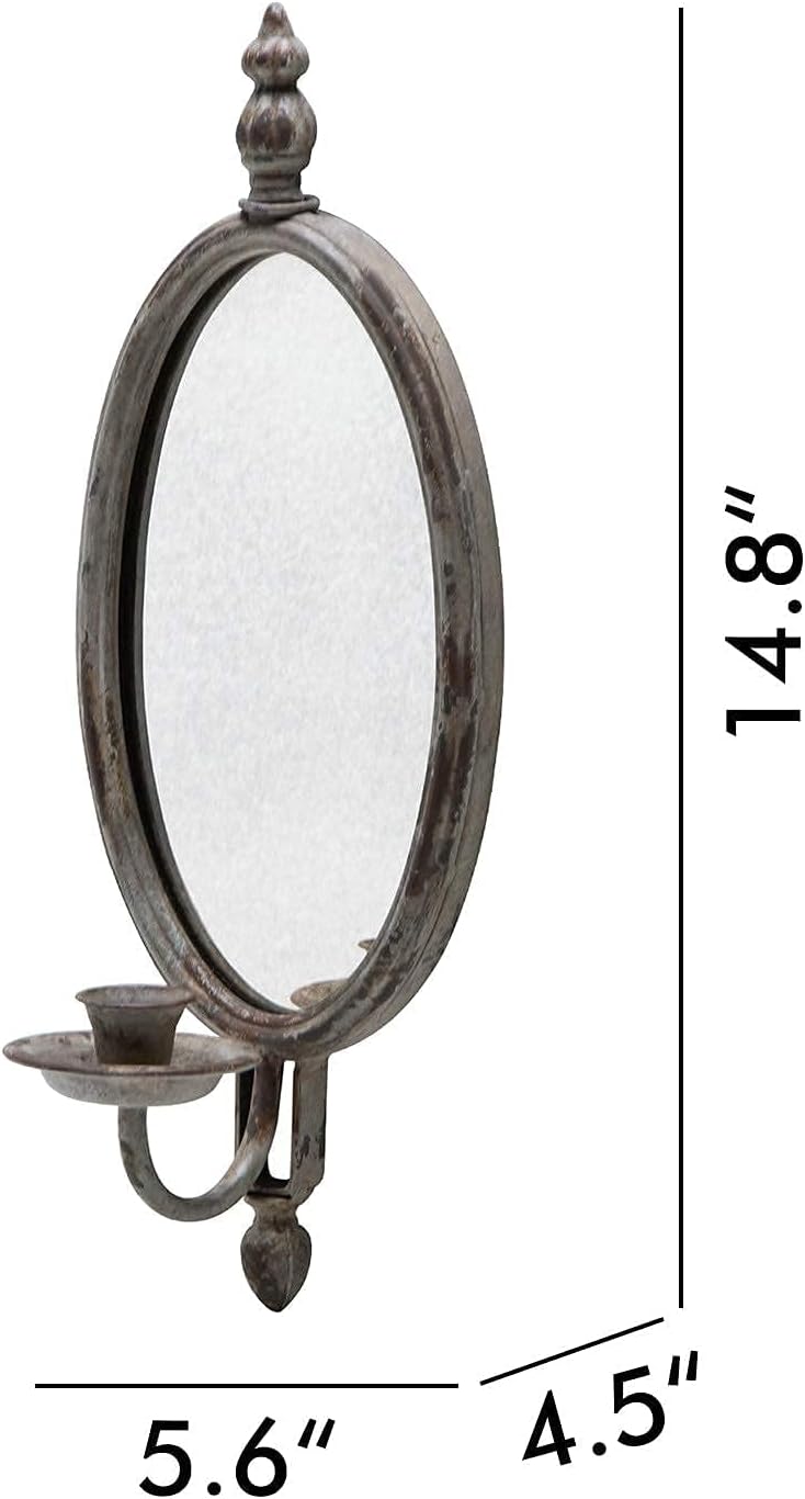 SOFFEE DESIGN Antique Metal Candle Sconces Candlestick Holder Wall Mounted Distressed with Oval Faded-Looking Mirror - Image 4