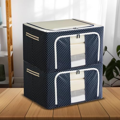 CANWAY 66L Pack of 2 Foldable Wardrobe Storage Box with Steel Frame & Clear Window | Clothes Organizer for Wardrobe | Cloth Organizer for Storage – Saree, Blanket & Clothes|50 * 40 * 33 CM |Blue - Image 1