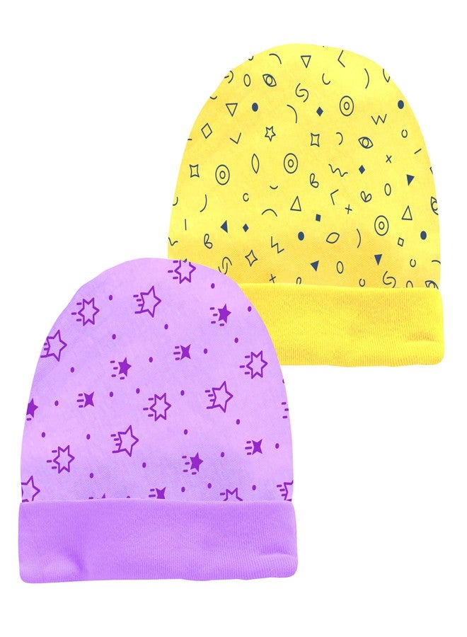 Kidbee Baby Unisex Boys & Girls Cotton Soft Baby Embroidery Cap (Set of 2) (in, Age, 0 Months, 6 Months, RC-TK-2pc-Purple,Yellow) - Image 1