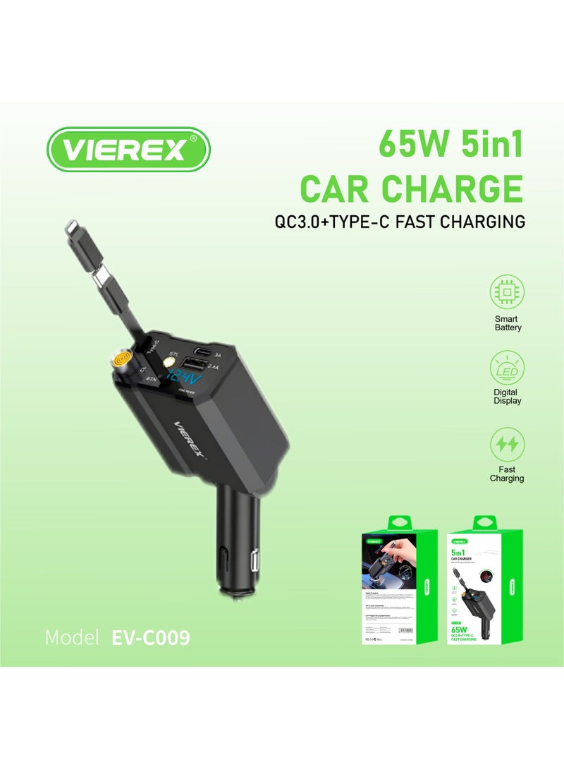 Vierex شاحن سيارة 5 في 1 بقوة 65 واط مع محول شحن سريع وكابل USB-C قابل للسحب، QC3.0، شاشة رقمية لعرض الفولتية، وضوء محيطي نجمي مدمج – توافق عالمي مع آيفون، سامسونج، والأجهزة اللوحية - Image 2