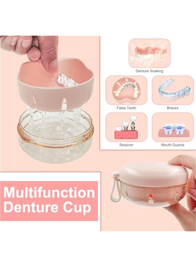 Pink Denture Case with Mirror for Travel - No-Leak Container for Full & Partial Dentures, Mouth Guards, Braces, Aligners.