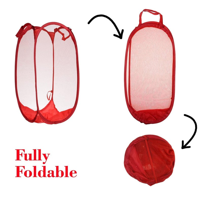 Kuber Industries Laundry Basket For Clothes|Foldable Pop-Up Laundry Bag|Netted Lightweight Toys Organizer|Reinforced Handles "30"LTR (Red) - Image 3