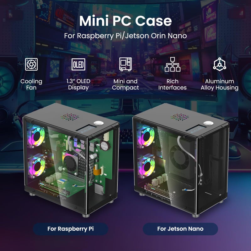 Elecrow Mini PC Case for Raspberry Pi 5: Aluminum Case with 3 Cooling Fans, 1.3" OLED Display, PCIe M.2 NVMe SSD 2230/2242/2260/2280 Support, RTC, Full Port Access, Compact (Pitower Gen 1) - Image 2