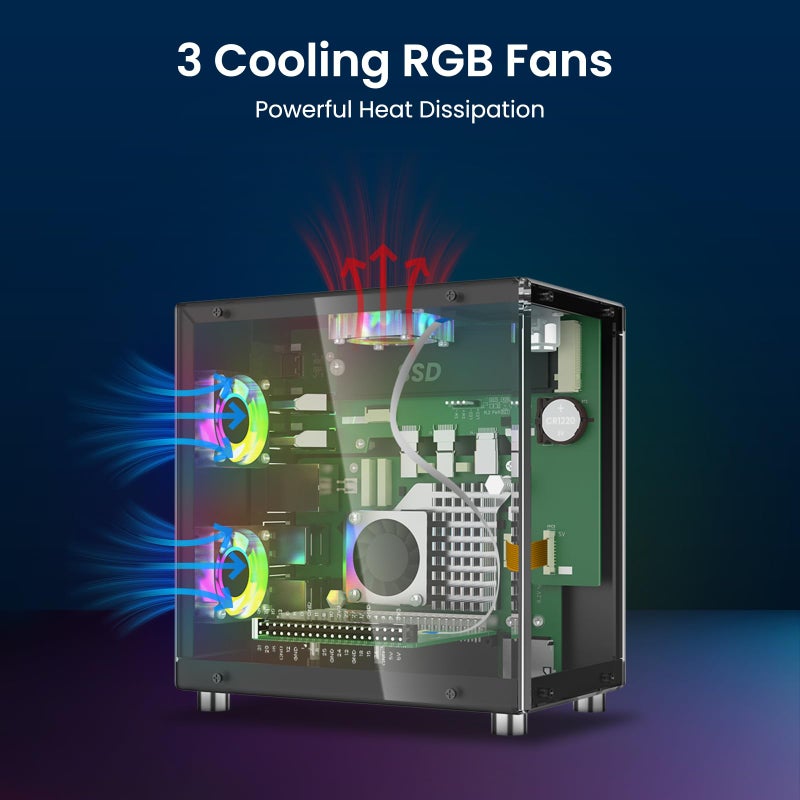 Elecrow Mini PC Case for Raspberry Pi 5: Aluminum Case with 3 Cooling Fans, 1.3" OLED Display, PCIe M.2 NVMe SSD 2230/2242/2260/2280 Support, RTC, Full Port Access, Compact (Pitower Gen 1) - Image 3