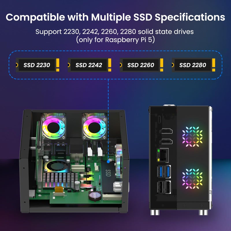 Elecrow Mini PC Case for Raspberry Pi 5: Aluminum Case with 3 Cooling Fans, 1.3" OLED Display, PCIe M.2 NVMe SSD 2230/2242/2260/2280 Support, RTC, Full Port Access, Compact (Pitower Gen 1) - Image 4