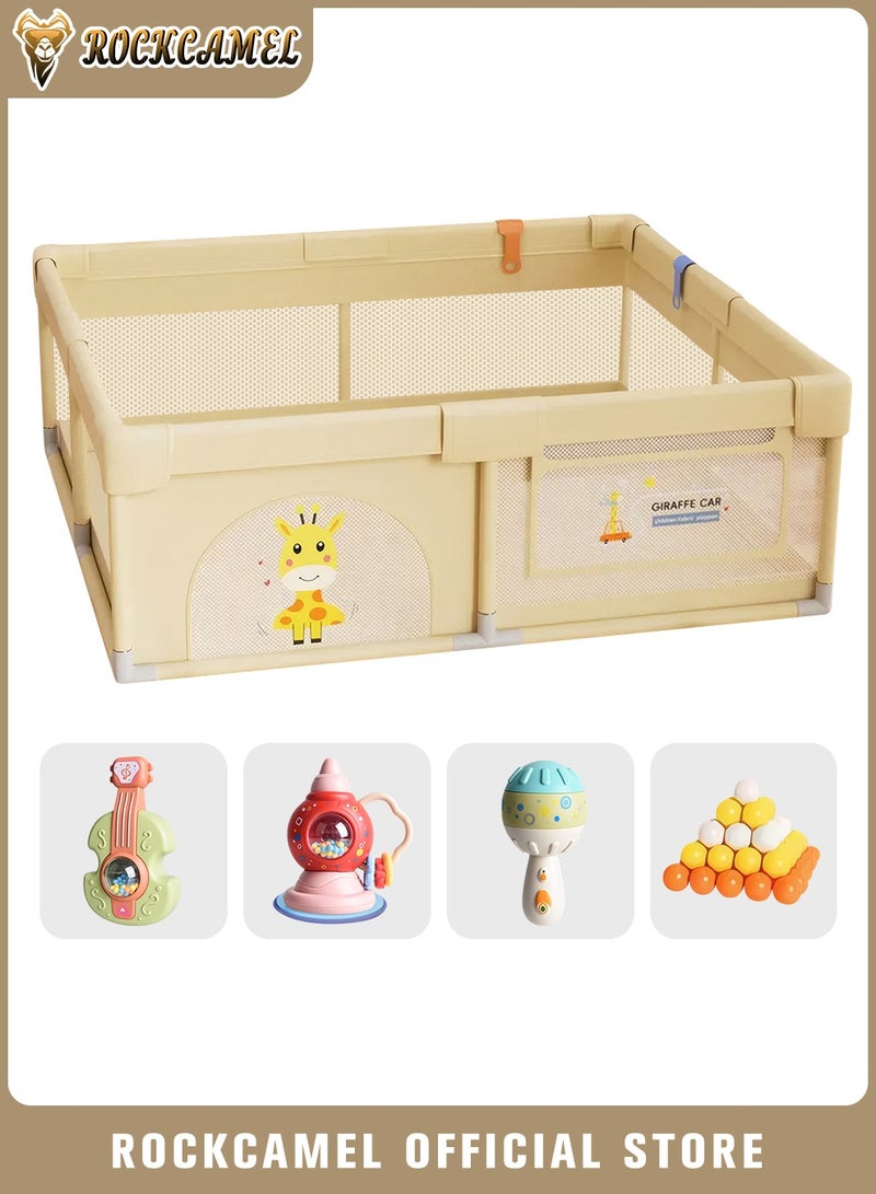 ROCKCAMEL سياج أطفال (بلاي بن) مع 3 ألعاب و60 كرة ملونة، حظيرة أطفال محمولة بمصاصات، شبكة قابلة للإزالة والغسيل، مركز أنشطة داخلي وخارجي (أصفر، 180 × 200 سم) - Image 1