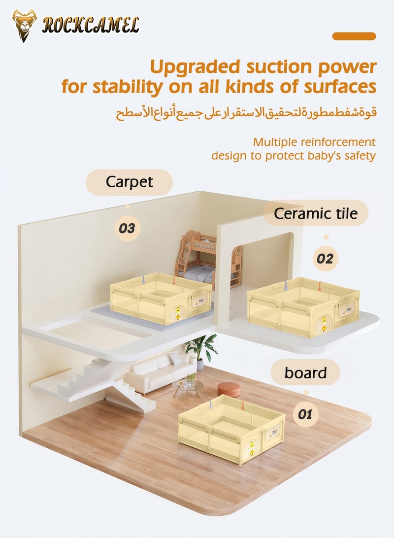 ROCKCAMEL سياج أطفال (بلاي بن) مع 3 ألعاب و60 كرة ملونة، حظيرة أطفال محمولة بمصاصات، شبكة قابلة للإزالة والغسيل، مركز أنشطة داخلي وخارجي (أصفر، 180 × 200 سم) - Image 2