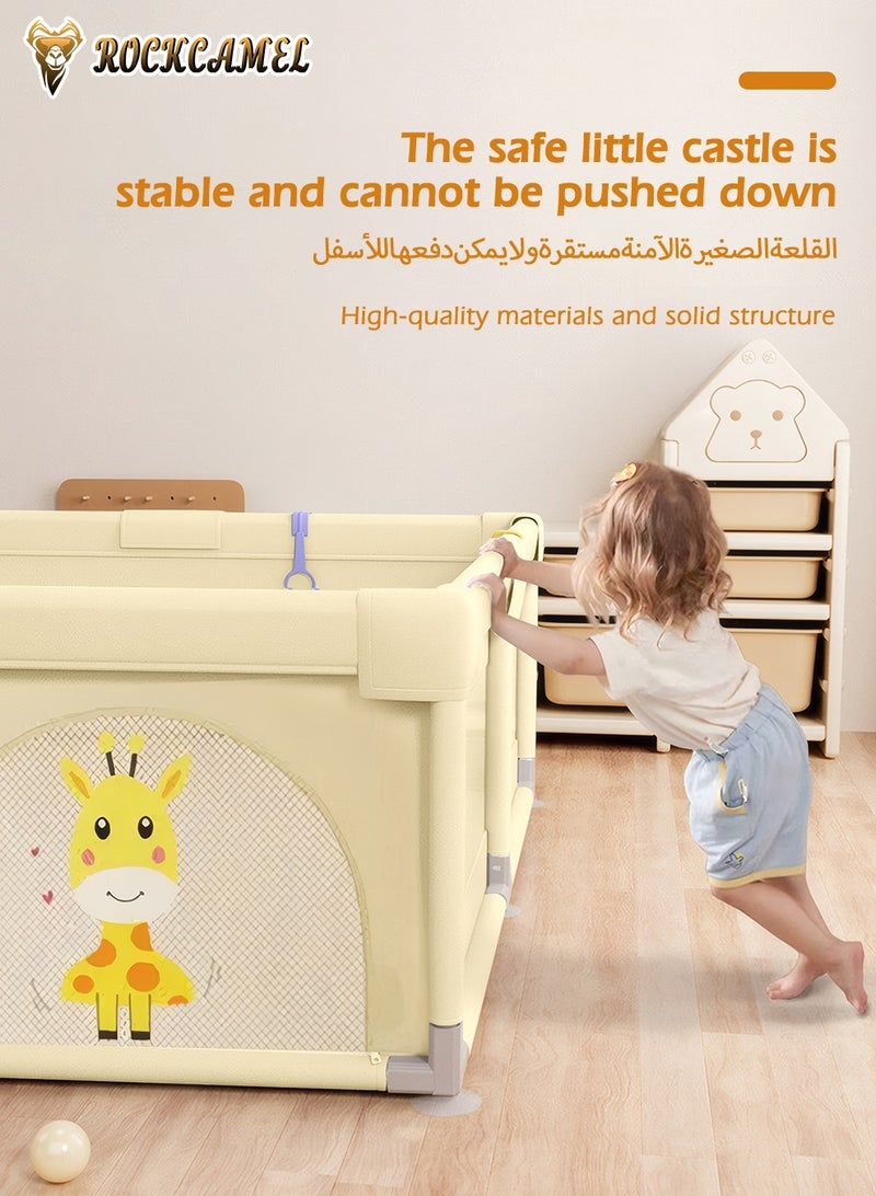 ROCKCAMEL سياج أطفال (بلاي بن) مع 3 ألعاب و60 كرة ملونة، حظيرة أطفال محمولة بمصاصات، شبكة قابلة للإزالة والغسيل، مركز أنشطة داخلي وخارجي (أصفر، 180 × 200 سم) - Image 3