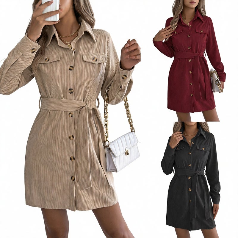 Women's Corduroy Shirt Dress Long Sleeve Single Breasted Tie Front - Image 1