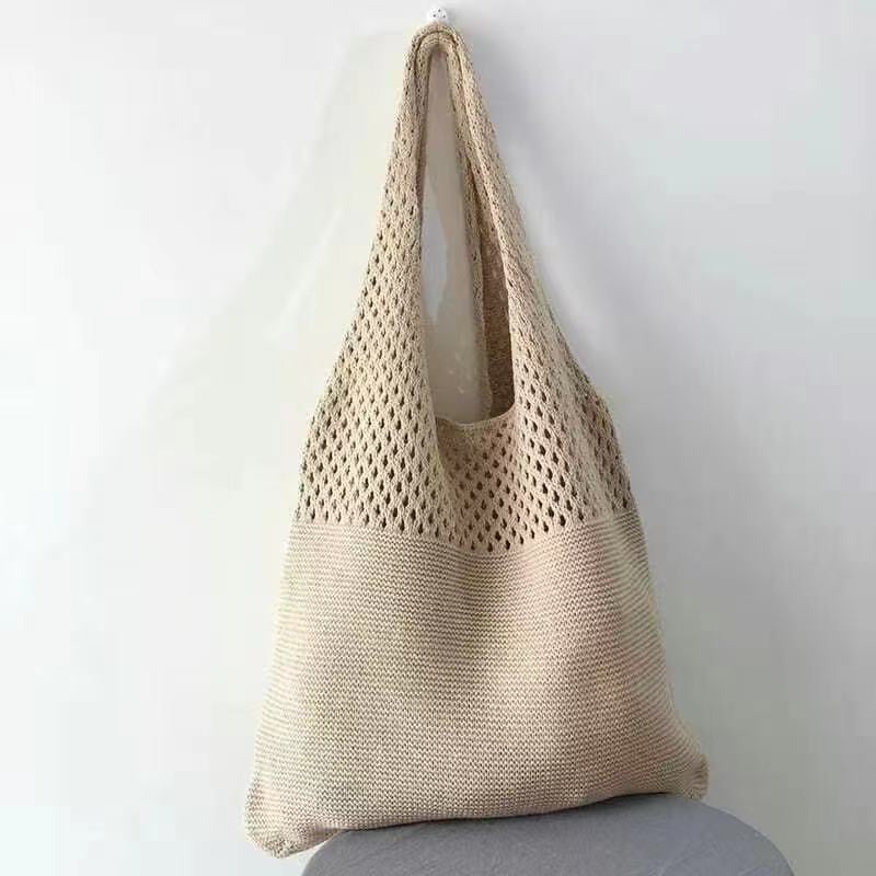 Large Capacity Woven Knit Tote Shoulder Bag for Women Summer 2024 yellow apricot 