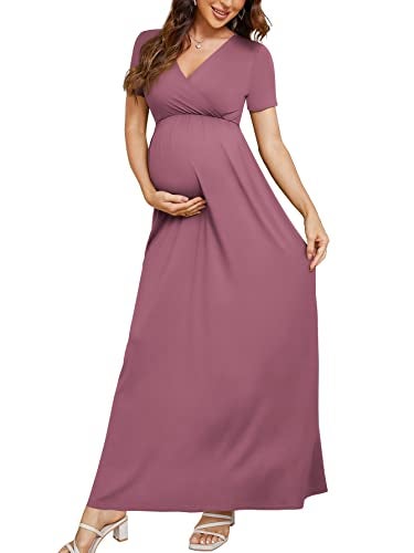 Xpenyo Women's Maternity Dresses Summer Casual Short Sleeve V Neck Wrap Long Maxi Dress Pregnancy Clothes for Baby Shower, Photoshoot, Party, Daily, Nursing, Mauve M - Image 5