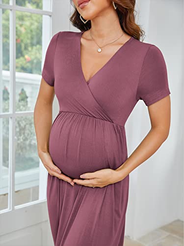 Xpenyo Women's Maternity Dresses Summer Casual Short Sleeve V Neck Wrap Long Maxi Dress Pregnancy Clothes for Baby Shower, Photoshoot, Party, Daily, Nursing, Mauve M - Image 3
