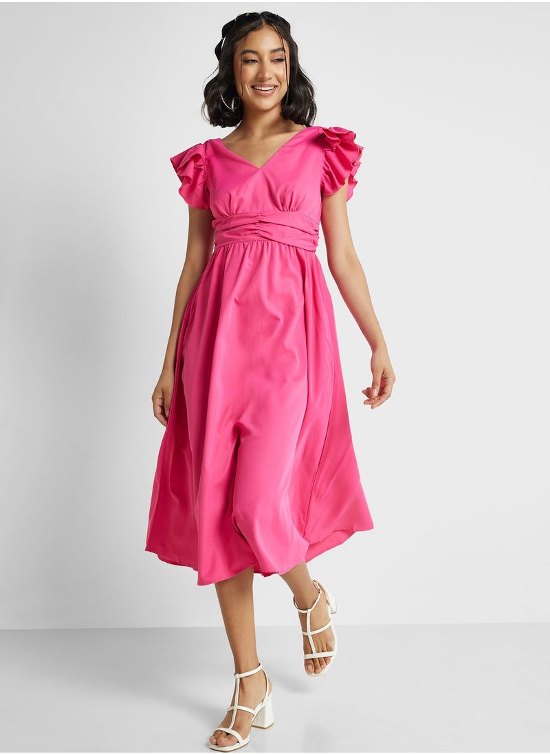 Ginger - Ruffle Sleeve A Line Midi Dress - Image 1