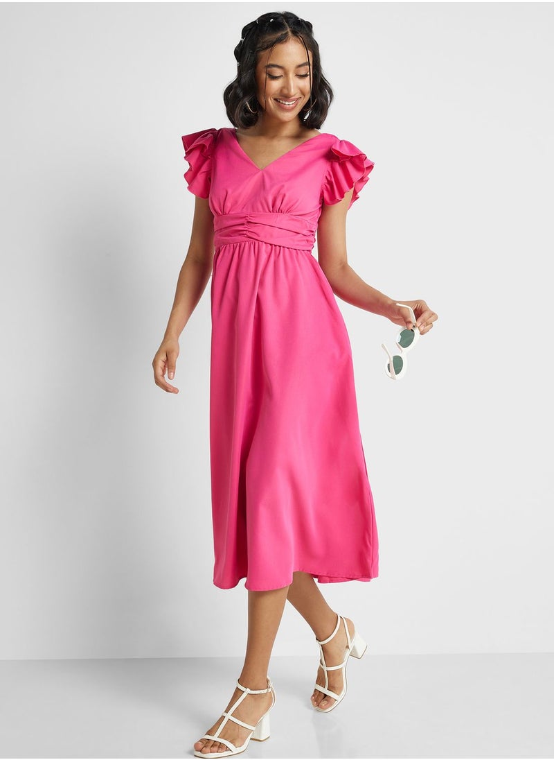 Ginger - Ruffle Sleeve A Line Midi Dress - Image 1