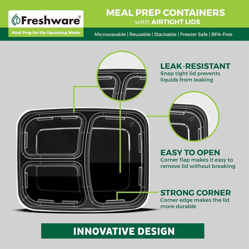 Freshware حاويات تحضير الوجبات من فريش وير 50 عبوة 3 أقسام حاويات تخزين الطعام مع أغطية صندوق بنتو خالية من BPA قابلة للتكديس آمنة للاستخدام في الميكروويف وغسالة الصحون والفريزر 24 أونصة - Image 5