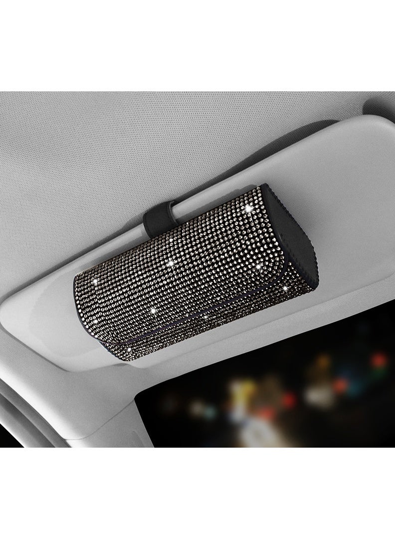 Bling Rhinestone Car Sunglasses Holder, Crystal-Encrusted Glasses Storage Case for Car Sun Visor, Universal Auto Eyeglasses Organizer Box