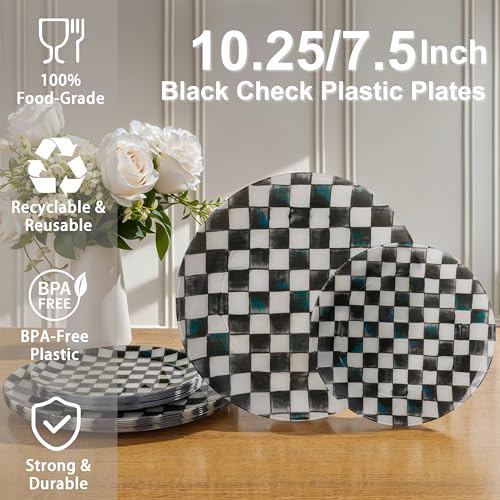 U-QE UQE 20PCS Black Plastic Plates for Party Retro Checkered Plates Disposable Heavy Duty Black and White Plate for Party Birthdays 10 1025 Inch Dinner and 10 75 Inch Dessert Plate - Image 3