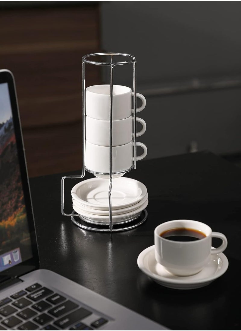 LENND 2.5 Ounce Porcelain Stackable Espresso Cups with Saucers and Metal Stand Set of 4, White  - Image 5