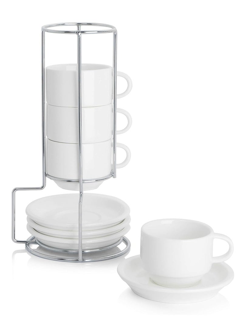 LENND 2.5 Ounce Porcelain Stackable Espresso Cups with Saucers and Metal Stand Set of 4, White  - Image 1