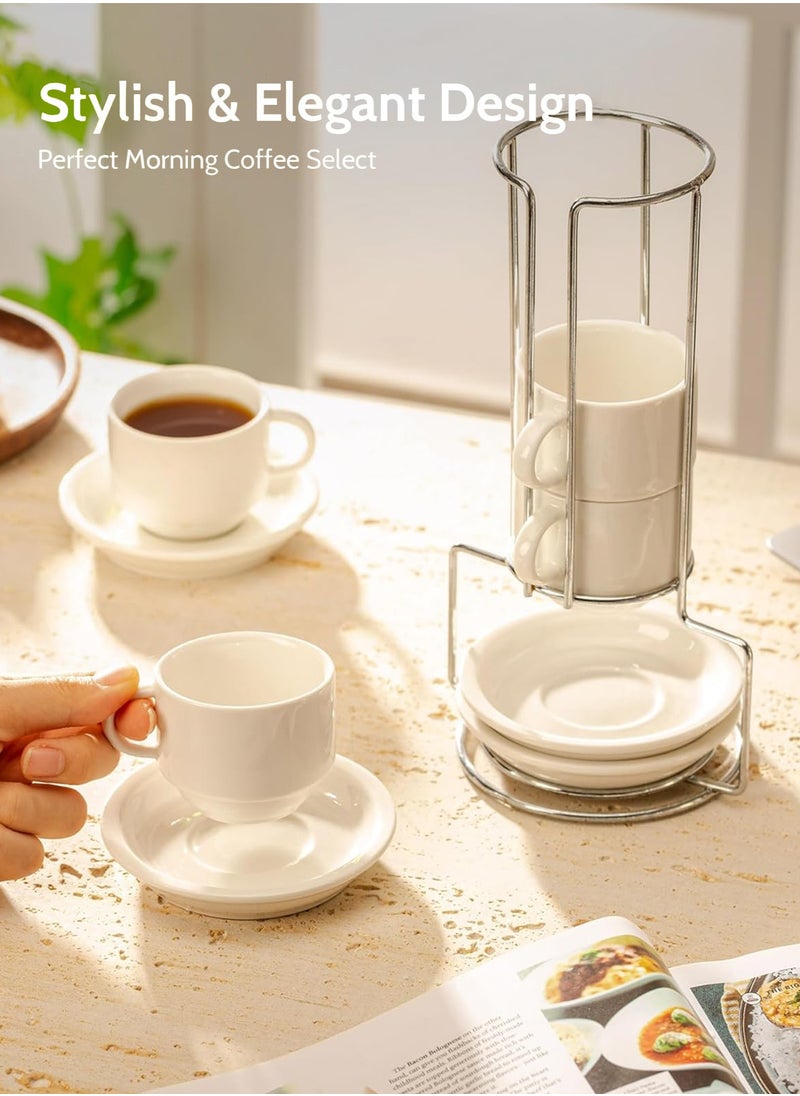 LENND 2.5 Ounce Porcelain Stackable Espresso Cups with Saucers and Metal Stand Set of 4, White  - Image 3