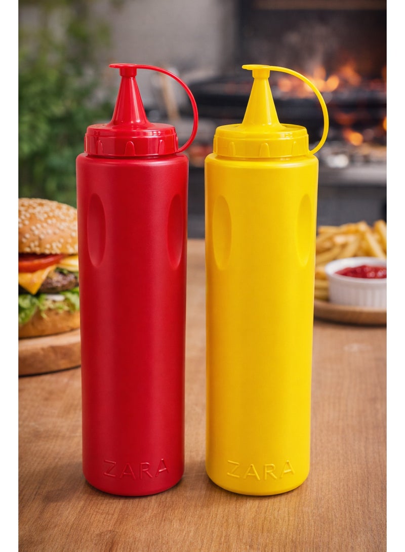 2-Piece Plastic Squeeze Bottle Set for Sauces, Ketchup and Mustard with Attached Spill-Proof Cap - Red & Yellow - Image 2