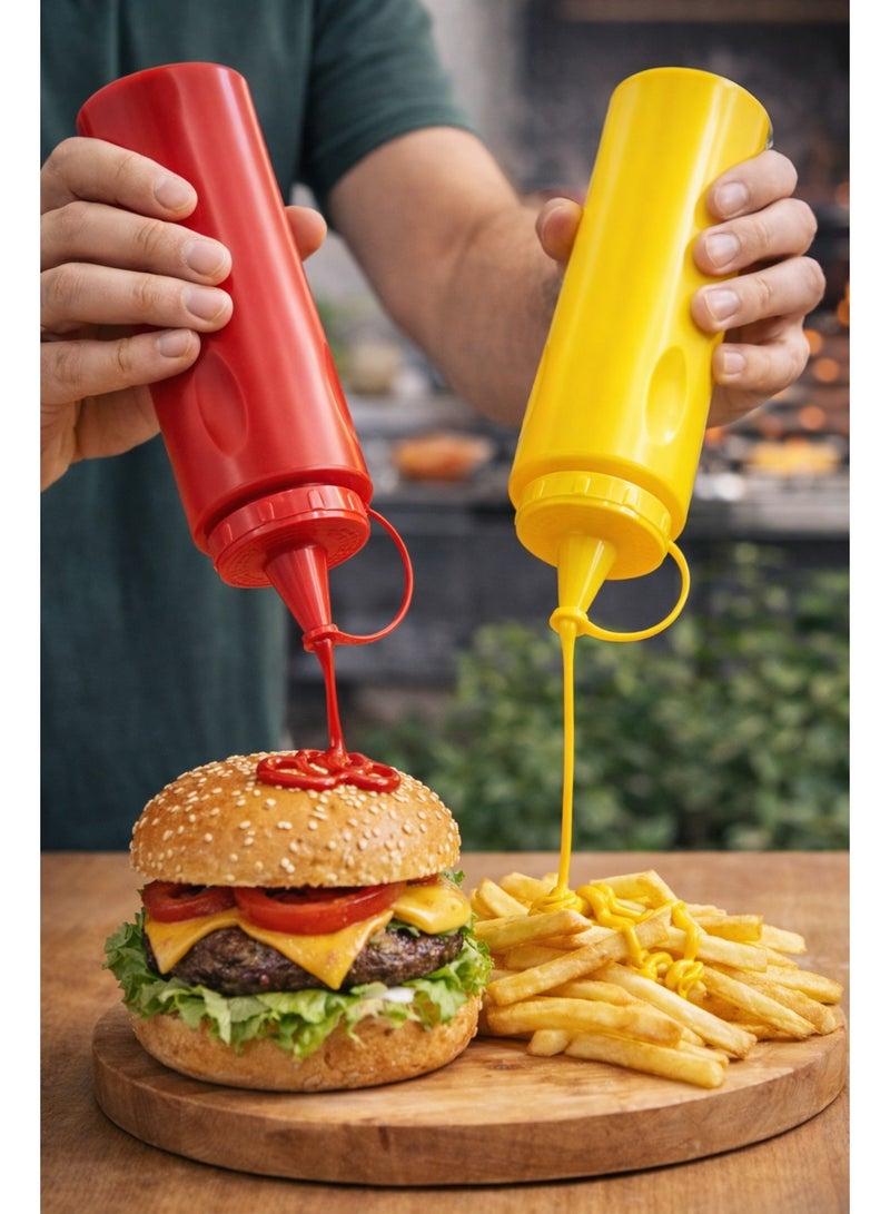 2-Piece Plastic Squeeze Bottle Set for Sauces, Ketchup and Mustard with Attached Spill-Proof Cap - Red & Yellow - Image 3