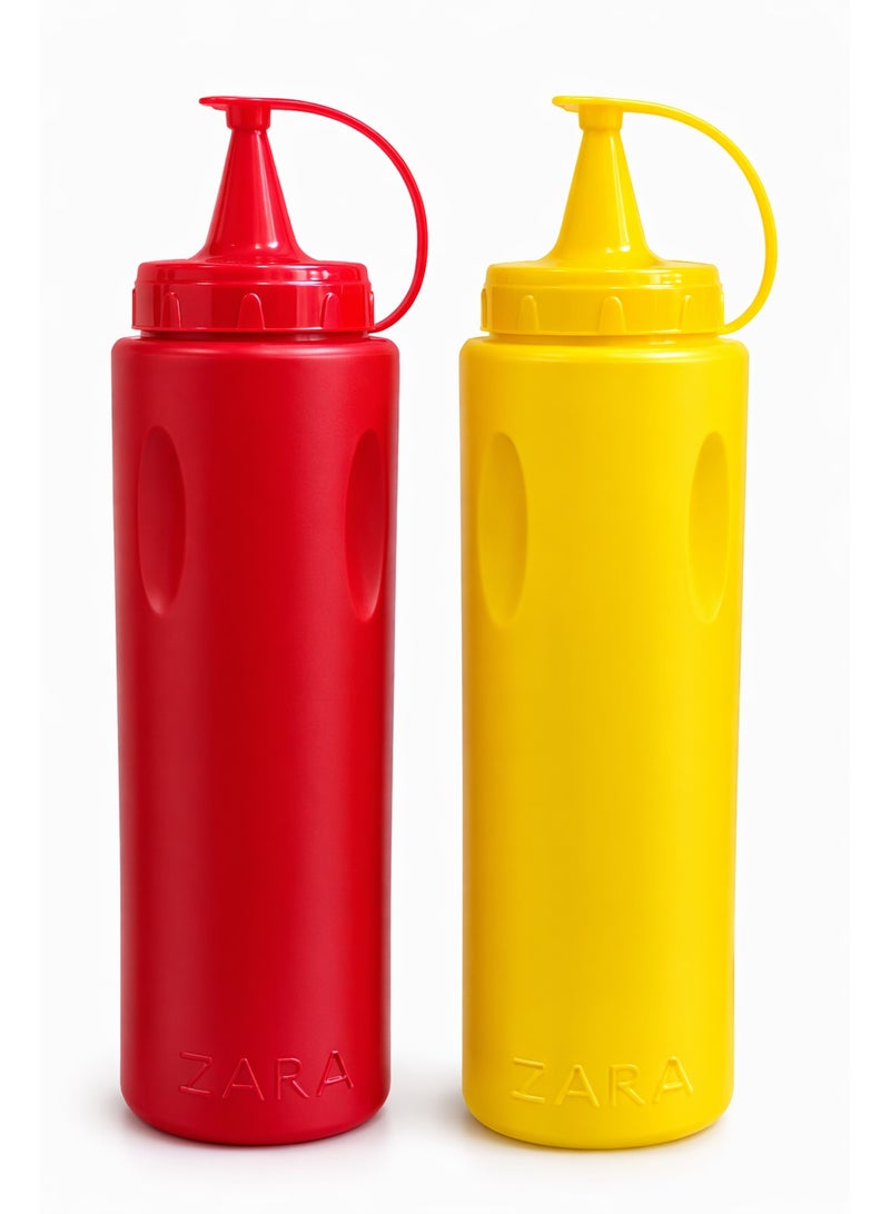2-Piece Plastic Squeeze Bottle Set for Sauces, Ketchup and Mustard with Attached Spill-Proof Cap - Red & Yellow - Image 1