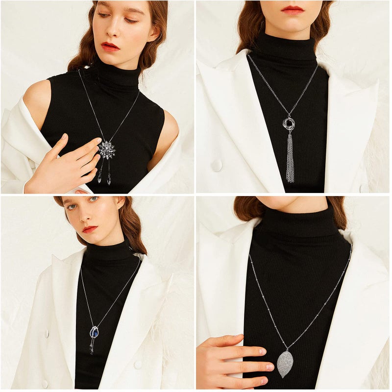 Jstyle 6Pcs Long Pendant Necklaces for Women Long Sweater Necklaces Silver Flower Tassel Disk Circle Leaf Statement Sweater Chain Necklace for Women Y Necklace Set Fashion Jewelry A - Image 4