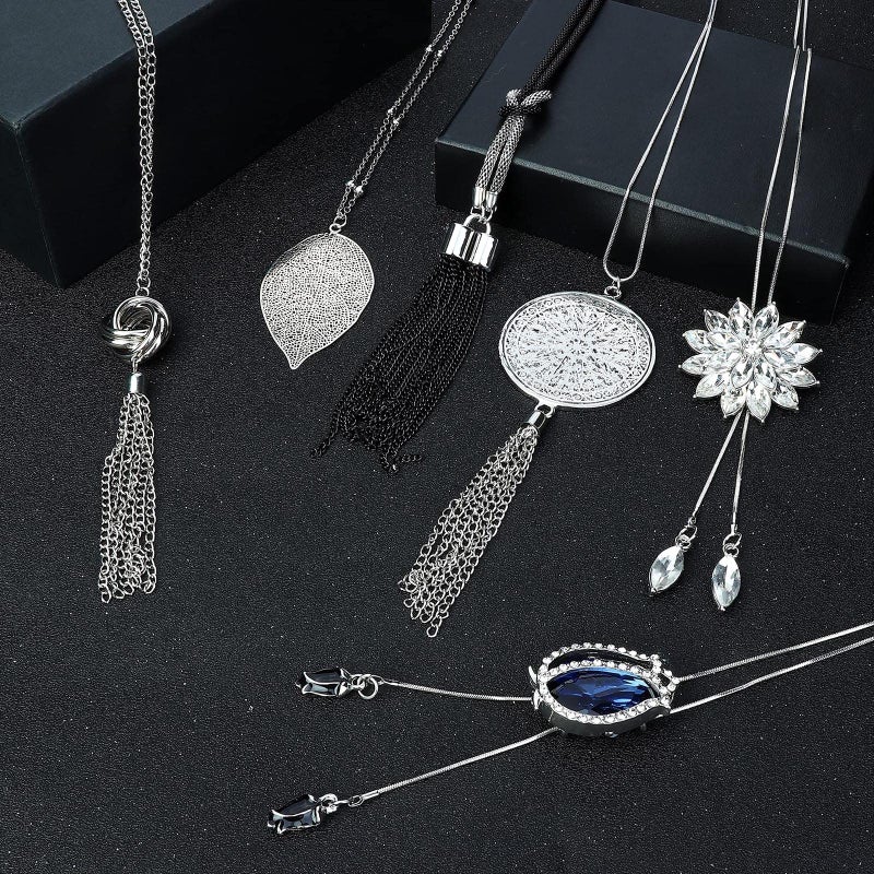 Jstyle 6Pcs Long Pendant Necklaces for Women Long Sweater Necklaces Silver Flower Tassel Disk Circle Leaf Statement Sweater Chain Necklace for Women Y Necklace Set Fashion Jewelry A - Image 5