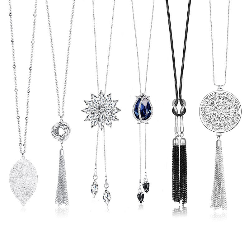 Jstyle 6Pcs Long Pendant Necklaces for Women Long Sweater Necklaces Silver Flower Tassel Disk Circle Leaf Statement Sweater Chain Necklace for Women Y Necklace Set Fashion Jewelry A - Image 1