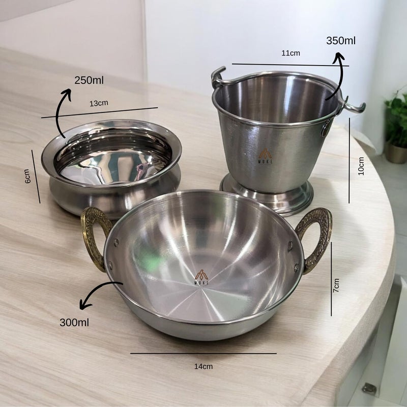 Muke Stainless Steel Bucket, Handi, and Kadhai with Brass Handle Set - Durable Home and Kitchenwere Hotelware Set Serving pcs - Image 4
