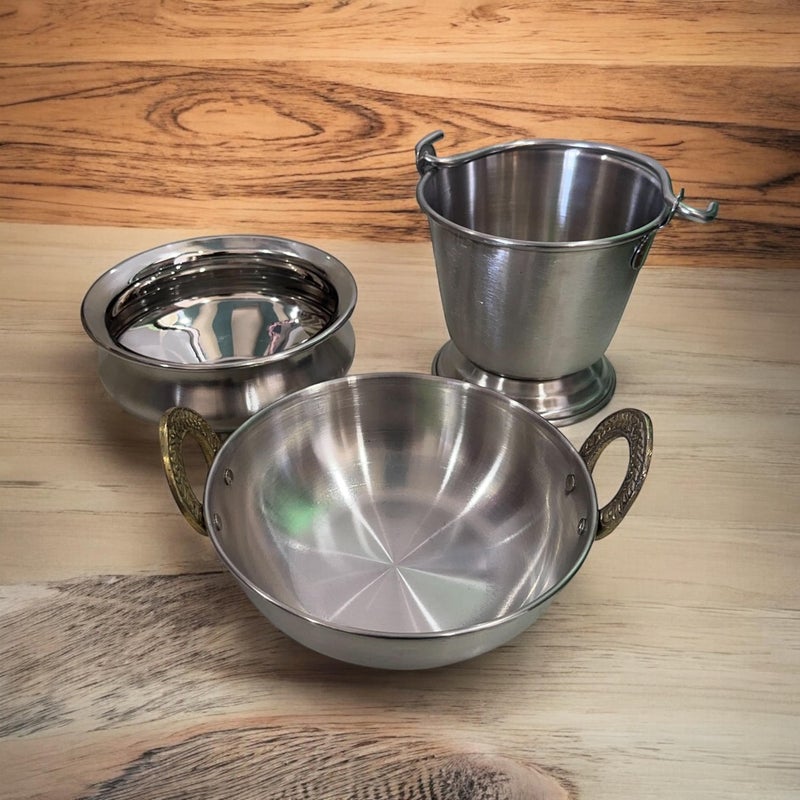Muke Stainless Steel Bucket, Handi, and Kadhai with Brass Handle Set - Durable Home and Kitchenwere Hotelware Set Serving pcs - Image 1