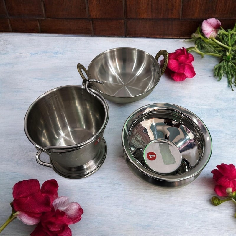 Muke Stainless Steel Bucket, Handi, and Kadhai with Brass Handle Set - Durable Home and Kitchenwere Hotelware Set Serving pcs - Image 2