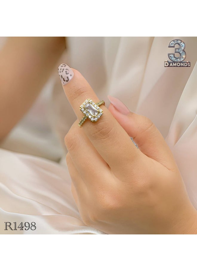 ثري دايموندز خاتم مطلي ذهب بفص زركون مقطع زمردي – تصميم كلاسيكي بإطار لامع  - Image 2